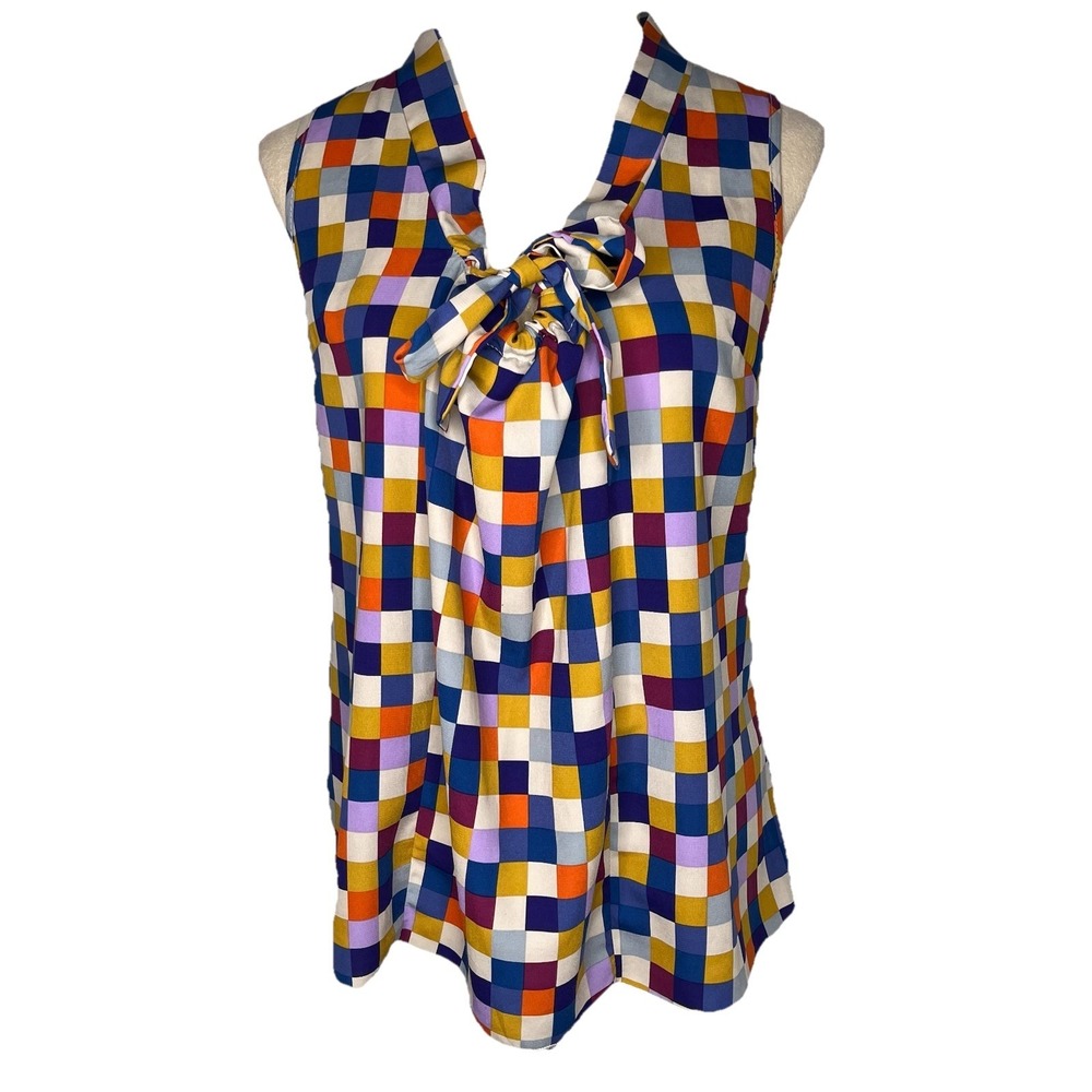 Poema Sleeveless‎ Top XS Multi Geometric Lightweight Satin Tie Bow Office Y2K
